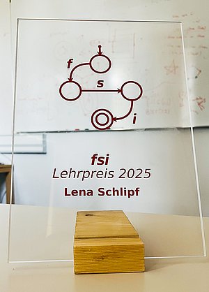 The award with Fachschaft logo and dedication on it